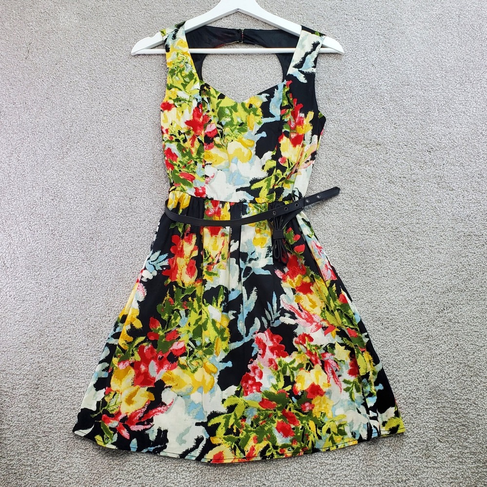 Delias Poplin Tropical Dress Black Multi Color Floral Cutout‎ Back  Size 1-2